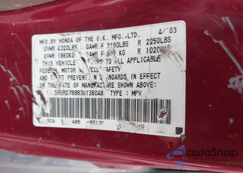 2003 Honda Cr-V Ex z USA, uszkodzony, nr VIN SHSRD78883U136048